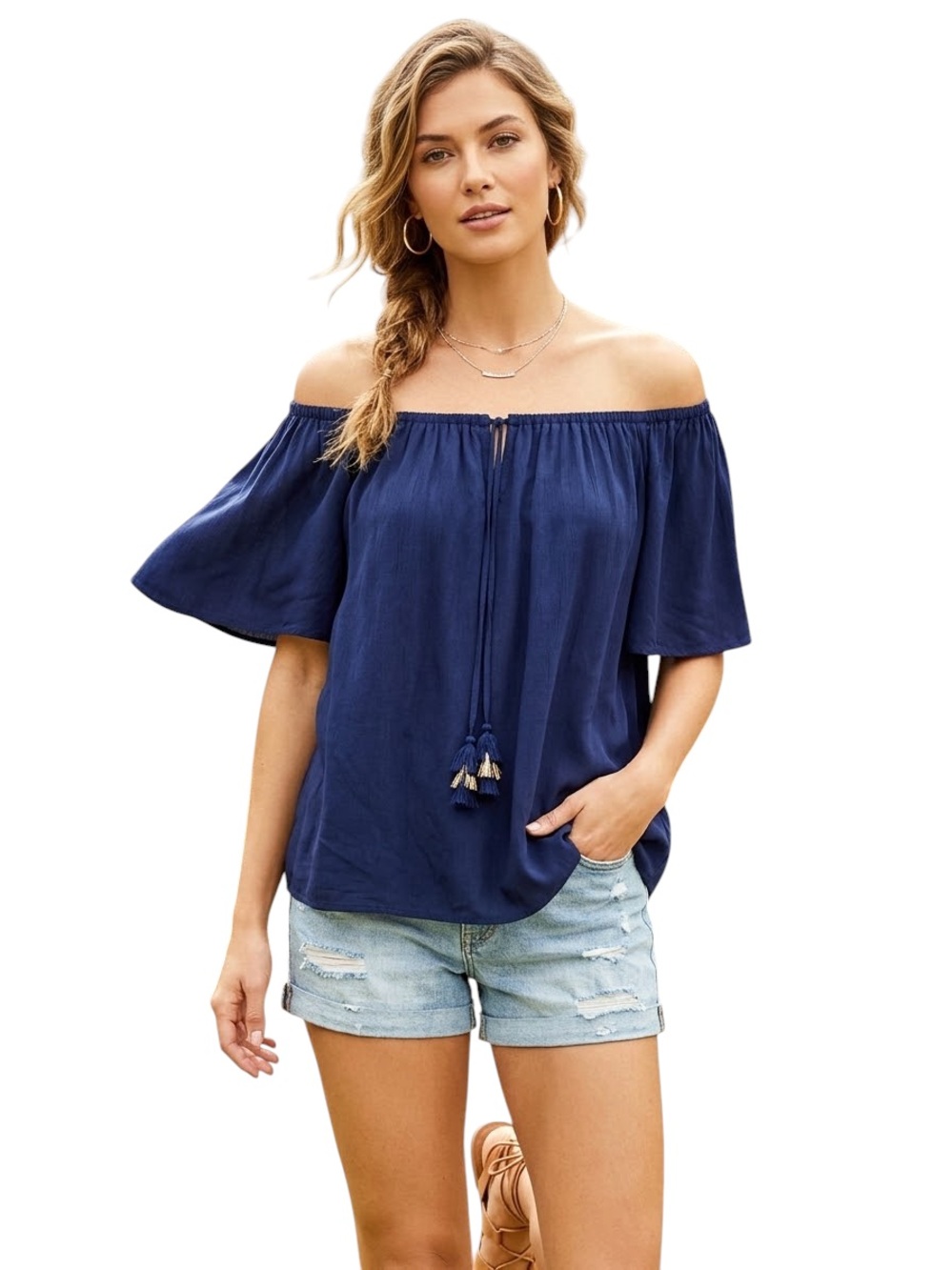 Lilly Pulitzer Women’s Size M Butterfly Sleeve Off Shoulder Top Tassel Blue